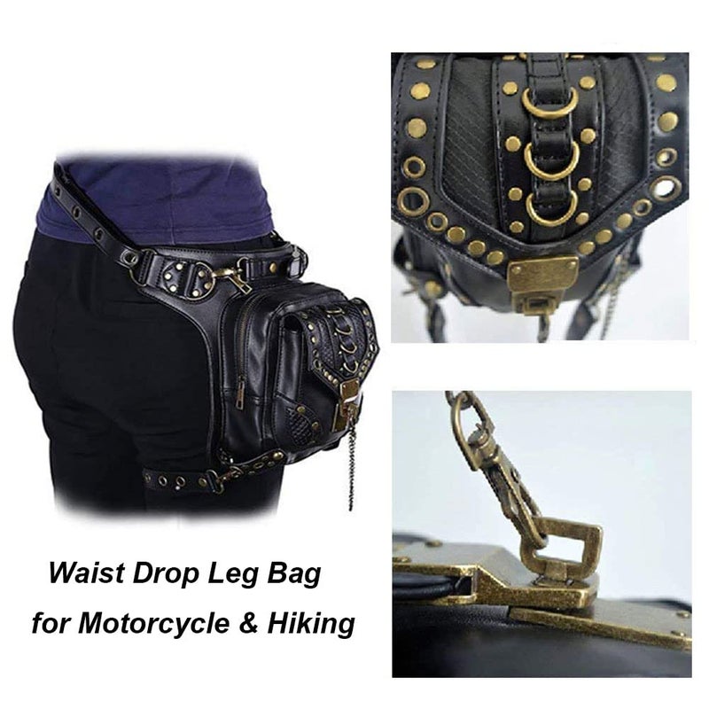 Valentoria Steampunk Crossbody Shoulder Bag Messenger Gothic Waist Fanny Pack Chain Drop Leg Hip Holster Belt Purse Pouch Black - Image 3